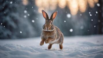 A rabbit leaps through snowy terrain amidst falling snowflakes in a serene winter landscape. photo