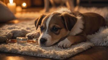 A cozy puppy resting on a fluffy rug, surrounded by soft lighting and candles. photo