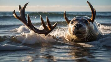 A seal with antlers emerges from the ocean waves at sunset, creating a surreal scene. photo