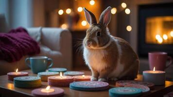 A cozy scene featuring a rabbit surrounded by candles and decorative coasters. photo