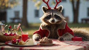 A raccoon in a festive red coat sits at a table with holiday treats and decorations. photo