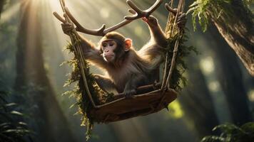A monkey with antlers sits in a swing surrounded by lush greenery and soft sunlight. photo