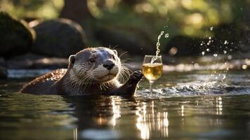 A playful otter holds a glass of sparkling drink in a serene natural setting. photo