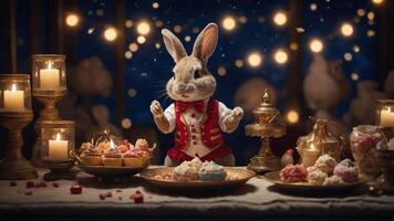 A whimsical rabbit in a festive outfit stands before a dessert-laden table with candles. photo