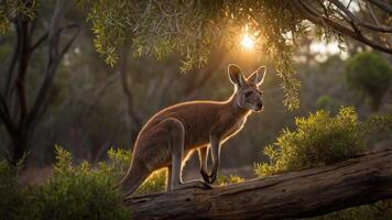 A kangaroo stands on a log with sunlight filtering through trees in a serene environment. photo