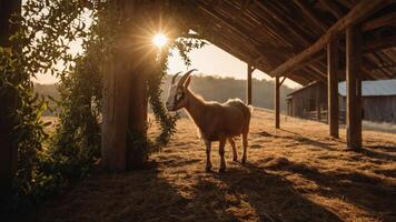 A goat stands in a barn, illuminated by sunlight streaming through the structure. photo