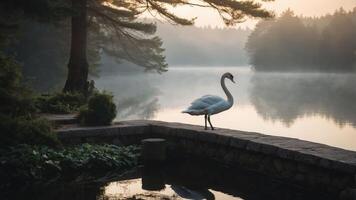 A serene swan stands by a misty lake at dawn, surrounded by trees and calm waters. photo
