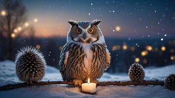 A snowy scene featuring an owl beside a candle, creating a serene winter atmosphere. photo