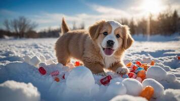 A playful puppy enjoying a snowy landscape with colorful candies scattered around. photo