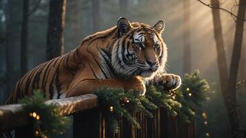 A majestic tiger rests on a wooden railing, surrounded by a misty forest and soft light. photo