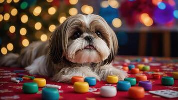 A fluffy dog lies on a colorful table surrounded by game pieces, with festive lights in the background. photo