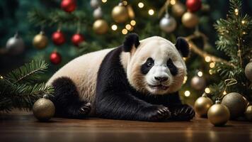 A panda resting by a decorated Christmas tree, creating a festive and joyful atmosphere. photo