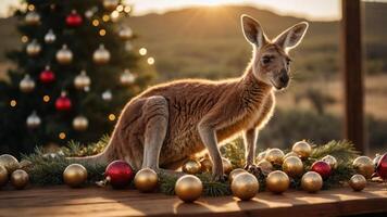 A kangaroo poses on a festive table adorned with Christmas ornaments and a tree in the background. photo