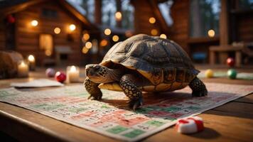 A turtle on a bingo card surrounded by candles and rustic cabins in a forest setting. photo