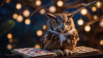 An owl sits on a table with bingo cards, surrounded by glowing lights in a serene setting. photo
