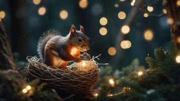 A squirrel holds a lantern in a nest, surrounded by glowing lights in a forest setting. photo
