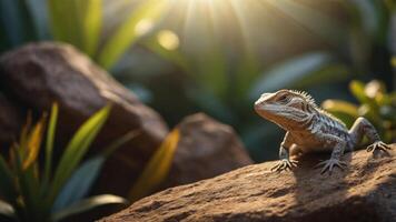 A lizard perched on a rock, surrounded by lush greenery and soft sunlight. photo