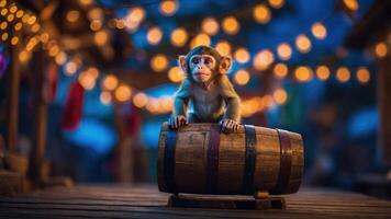 A playful monkey perched on a barrel, illuminated by festive lights in a lively setting. photo