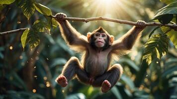 A young monkey hangs from a branch in a lush, sunlit jungle setting. photo