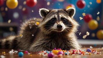 A raccoon surrounded by colorful balls and confetti, creating a playful atmosphere. photo