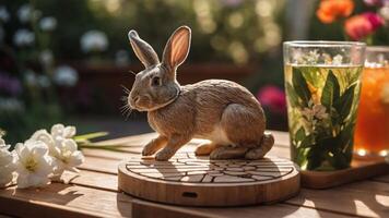 A wooden rabbit figurine on a table beside refreshing drinks in a garden setting. photo
