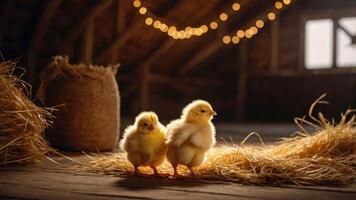 Two fluffy yellow chicks standing on straw in a warm, rustic barn setting with lights. photo