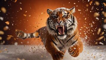 A roaring tiger charges through snow, creating a dramatic and powerful scene. photo