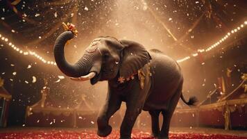 A lively elephant performs in a circus, surrounded by festive decorations and confetti. photo