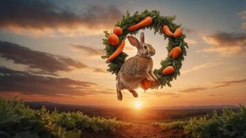 A rabbit leaps through a wreath of carrots at sunset, symbolizing nature and abundance. photo