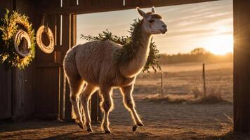 A llama adorned with greenery stands in a barn during sunset, creating a serene atmosphere. photo