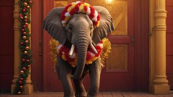 An elephant adorned with festive decorations stands in front of a colorful entrance. photo