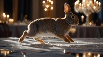 A rabbit hops across a table in a dimly lit setting with candles and elegant decor. photo