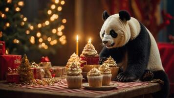 A panda curiously inspects festive cupcakes on a table adorned with holiday decorations. photo