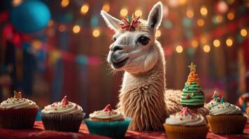 A festive llama poses with decorated cupcakes and a small Christmas tree. photo