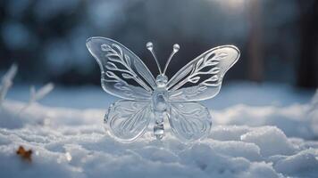 A delicate glass butterfly rests on a snowy surface, reflecting light in a serene winter scene. photo