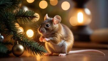 A cute mouse near a Christmas tree, surrounded by warm lights and festive decorations. photo
