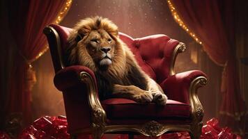 A majestic lion lounging on a luxurious red chair, surrounded by sparkling gems. photo