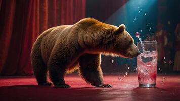 A bear interacting with a glass of colorful drink, creating a playful scene. photo