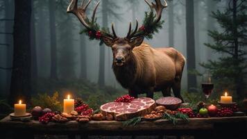 A majestic elk stands by a festive table of meats and candles in a misty forest setting. photo