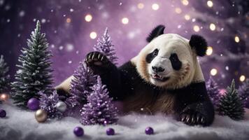 A playful panda surrounded by festive decorations and snowy scenery. photo