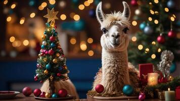 A festive llama poses beside a decorated Christmas tree and colorful ornaments. photo