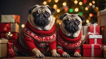 Two pugs in festive sweaters sit beside Christmas presents and a decorated tree. photo