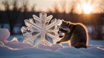 A raccoon interacts with a large ice snowflake in a snowy landscape at sunset. photo
