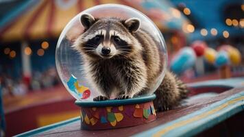 A raccoon inside a colorful snow globe on a carnival-themed setting. photo