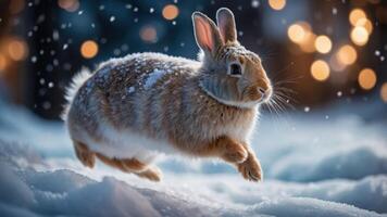 A rabbit leaps through snow, creating a serene winter scene with soft lighting. photo