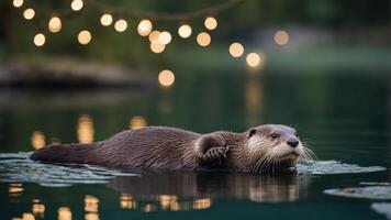 A playful otter swims in a serene lake adorned with twinkling lights. photo