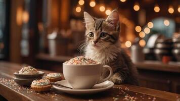 A playful kitten beside a cup and cupcakes in a cozy caf setting. photo