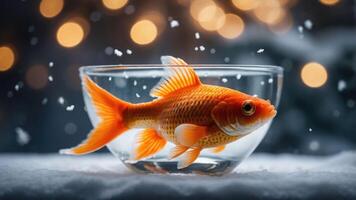 A goldfish swims in a glass bowl, surrounded by snow and soft bokeh lights. photo