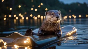 An otter lounging on a floating object adorned with lights in a serene water setting. photo