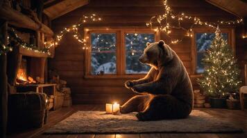 A bear sits in a cozy cabin, surrounded by holiday decorations and a glowing tree. photo